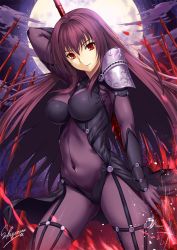 Rule 34 | 1girl, arm at side, arm behind head, armor, artist name, between breasts, bodysuit, breasts, closed mouth, cloud, covered navel, fate/grand order, fate (series), gauntlets, gluteal fold, hair between eyes, hair intakes, holding, holding weapon, impossible clothes, long hair, looking at viewer, medium breasts, moon, night, night sky, pauldrons, purple bodysuit, purple hair, red eyes, sakiyamama, scathach (fate), scathach (fate), shoulder armor, skindentation, sky, solo, standing, weapon