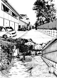 Rule 34 | building, bush, car, commentary, greyscale, house, monochrome, motor vehicle, no humans, original, outdoors, path, plant, road, sayuuiede, scenery, traditional media, tree, window