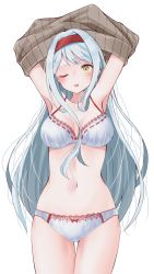 Rule 34 | 1girl, absurdres, bra, breasts, cowboy shot, haggy, headband, highres, kantai collection, long hair, medium breasts, navel, one eye closed, panties, red headband, shoukaku (kancolle), simple background, solo, underwear, undressing, white background, white bra, white hair, white panties, yellow eyes