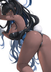 Rule 34 | 1girl, 2r- (pixiv8168114), absurdres, animal ears, arm tattoo, arm up, ass, bare legs, bare shoulders, black hair, black leotard, blue archive, blue bow, blue bowtie, blue ribbon, bow, bowtie, breasts, covered mouth, cowboy shot, dark-skinned female, dark skin, detached collar, fake animal ears, fake tail, from behind, from below, halo, hand up, high ponytail, highleg, highleg leotard, highres, karin (blue archive), karin (bunny) (blue archive), large breasts, leaning forward, leg up, leotard, long hair, looking at viewer, looking back, looking down, official alternate costume, playboy bunny, ponytail, rabbit ears, rabbit tail, ribbon, shiny clothes, shiny skin, side-tie leotard, sidelocks, simple background, slit pupils, solo, standing, strapless, strapless leotard, tail, tattoo, thong leotard, traditional bowtie, very long hair, wavy hair, white background, wide hips, wrist cuffs, yellow eyes
