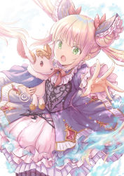 Rule 34 | 1girl, :o, blonde hair, blue dress, bubble skirt, dress, frilled sleeves, frills, green eyes, hirokazu (analysis-depth), holding, holding stuffed toy, long hair, long sleeves, luna (shadowverse), open mouth, outstretched arm, red ribbon, ribbon, shadowverse, simple background, skirt, solo, stuffed animal, stuffed toy, twintails