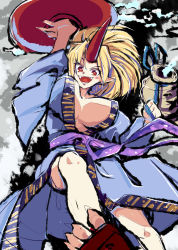 Rule 34 | 1girl, alcohol, blonde hair, blue kimono, breasts, cup, fangs, fufuyomumusu, gourd, highres, holding, holding cup, horns, hoshiguma yuugi, hoshiguma yuugi (kimono), huge breasts, japanese clothes, kimono, looking at viewer, obi, oni, oni horns, open clothes, open kimono, open mouth, pointy ears, ponytail, red eyes, red horns, sakazuki, sake, sandals, sash, sharp teeth, single horn, solo, teeth, touhou