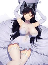 Rule 34 | 1girl, animal ears, armpits, arms up, asymmetrical bangs, atago (azur lane), atago (lily-white vow) (azur lane), azur lane, band-width, black hair, breasts, cleavage, covered navel, dress, elbow gloves, garter straps, gloves, highres, large breasts, long hair, looking at viewer, mole, mole under eye, panties, pantyshot, signature, simple background, skindentation, smile, solo, thighhighs, underwear, white background, white dress, white gloves, white panties, white thighhighs, yellow eyes
