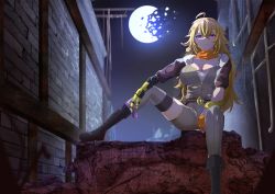 Rule 34 | 1girl, absurdres, ahoge, alley, arm between legs, asymmetrical clothes, blonde hair, boots, breasts, broken moon, bureoeve, cleavage, highres, large breasts, leather, leather boots, long hair, moon, prosthesis, prosthetic arm, purple eyes, rwby, sitting, solo, yang xiao long