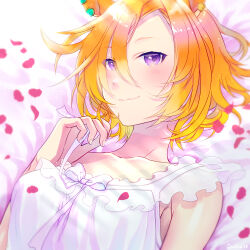 Rule 34 | 1girl, animal ears, artist name, bed sheet, blush, chemise, closed mouth, commentary, earclip, from above, horse ears, lingerie, looking at viewer, lying, on back, on bed, orange hair, petals, purple eyes, quatraise, short hair, signature, smile, solo, swept bangs, t.m. opera o (umamusume), umamusume, underwear, upper body, white chemise