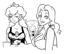 Rule 34 | 2girls, bare shoulders, blush, breast envy, breasts, brooch, cleavage, crossover, crown, donkey kong (1981 game), donkey kong (series), dress, earrings, evening gown, jewelry, large breasts, looking at viewer, mario (series), medium breasts, mini crown, monochrome, multiple girls, nintendo, pauline (mario), princess, princess peach, smile, strap gap, super mario bros. 1, toad (mario)