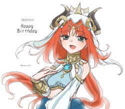 Rule 34 | 1girl, aqua eyes, blue bow, blush, bow, breasts, dated, fake horns, floating hair, genshin impact, halterneck, hand on own chest, happy birthday, harem outfit, horns, long hair, looking at viewer, medium breasts, nilou (genshin impact), parted bangs, red hair, satone, shrug (clothing), smile, solo, twitter username, upper body, very long hair, vision (genshin impact), white background, white veil