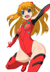 Rule 34 | 1girl, :d, adapted costume, armpits, bare shoulders, blue eyes, boots, breasts, covered erect nipples, from side, gloves, groin, happy, headgear, highleg, highleg leotard, hip focus, leotard, long hair, looking at viewer, neon genesis evangelion, open mouth, orange hair, outstretched arms, pilot suit, plugsuit, red footwear, red leotard, simple background, small breasts, smile, solo, souryuu asuka langley, spread arms, spread legs, squatting, thigh boots, thighhighs, thighs, toudori, turtleneck, white background
