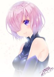Rule 34 | 1girl, bare shoulders, black gloves, breasts, closed mouth, elbow gloves, fate/grand order, fate (series), from side, gloves, hair over one eye, impossible clothes, lips, looking at viewer, looking to the side, mash kyrielight, medium breasts, pink hair, purple eyes, shiny skin, short hair, signature, smile, solo, tareme, tsukimochikuriko (tsukimochi k), upper body, yellow background