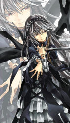 Rule 34 | 00s, 1girl, detached collar, doll joints, dress, gothic lolita, hairband, joints, lolita fashion, lolita hairband, long hair, looking away, raid slash, red eyes, rozen maiden, silver hair, solo, suigintou, sword, weapon, wings, zoom layer