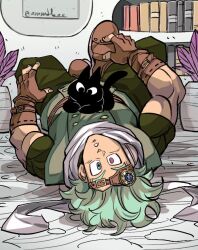 Rule 34 | 1boy, amartbee, book, boots, brown footwear, cat, cat on chest, commentary, dragon ball, dragon ball super, english commentary, fingerless gloves, gloves, granolah (dragon ball), green eyes, green hair, heterochromia, lying, male focus, muscular, muscular male, on back, red eyes, solo, tama (dragon ball), twitter username