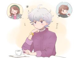 Rule 34 | 1boy, ahoge, bede (pokemon), blush, clenched hand, closed mouth, coat, commentary request, creatures (company), cup, curly hair, game freak, gloria (pokemon), grey hair, hand up, head rest, hetero, highres, liquid, nintendo, pokemon, pokemon swsh, poking, purple coat, purple eyes, saucer, short hair, squiggle, sweatdrop, teacup, thought bubble, translation request, watch, wristwatch, yja61