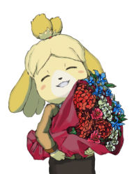 Rule 34 | animal crossing, animal nose, blonde hair, bouquet, dog, dog girl, flower, furry, furry female, grin, isabelle (animal crossing), lanbook, long hair, nintendo, simple background, smile, solo, white background