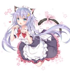 Rule 34 | 10s, 1girl, :o, alternate costume, animal ears, apron, blue eyes, blush, bow, bowtie, cat ears, cat tail, crescent, crescent hair ornament, dress, enmaided, erika (ym0311), eyebrows, fang, frilled dress, frills, hair ornament, heart, kantai collection, kemonomimi mode, long hair, looking at viewer, maid, maid headdress, md5 mismatch, open mouth, paw pose, purple hair, resolution mismatch, short hair with long locks, short sleeves, solo, source larger, tail, tail bow, tail ornament, very long hair, waist apron, white apron, yayoi (kancolle)