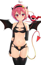 Rule 34 | 1girl, absurdres, arm behind back, artist name, bare shoulders, bikini, black bikini, black gloves, black thighhighs, blush, breasts, breasts apart, collarbone, commentary, cowboy shot, demon girl, demon horns, demon tail, demon wings, elbow gloves, fingerless gloves, frown, gloves, hairband, halloween, halterneck, heart o-ring, heart ring bottom, heart ring top, highres, horns, komeiji satori, medium breasts, multi-strapped bikini, navel, pink hair, red eyes, revision, short hair, simple background, skindentation, solo, standing, stomach, swimsuit, tail, thigh gap, thighhighs, third eye, topu, touhou, white background, wings
