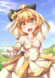 Rule 34 | 1girl, bare shoulders, blonde hair, blue sky, bow, breasts, bridal veil, bride, brown eyes, cleavage, cloud, collarbone, day, dress, elbow gloves, fang, flower, fun bo, gloves, hair bow, hair flower, hair ornament, happy tears, jewelry, kurodani yamame, layered dress, looking at viewer, necklace, no nose, open mouth, outstretched hand, reaching, reaching towards viewer, sky, sleeveless, sleeveless dress, small breasts, smile, solo, strapless, strapless dress, tears, touhou, veil, wedding dress, white gloves