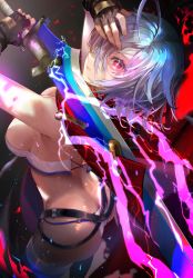 Rule 34 | 1girl, ass, blazblue, blazblue alternative: dark war, butt crack, electricity, energy, fingerless gloves, gloves, highres, holding, holding sword, holding weapon, nu-13, pink eyes, silver hair, solo, sword, tagme, weapon