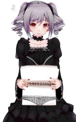 Rule 34 | 10s, 1girl, black dress, blush, choker, closed mouth, collarbone, cowboy shot, dress, drill hair, frilled choker, frilled sleeves, frills, gothic lolita, grey hair, highres, holding, holding paper, idolmaster, idolmaster cinderella girls, juliet sleeves, kanzaki ranko, lipstick, lolita fashion, long sleeves, looking at viewer, makeup, nail polish, paper, puffy sleeves, red eyes, red lips, red nails, ryuu., smile, solo, twin drills, wide sleeves
