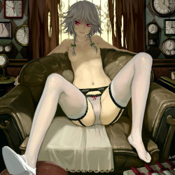 Rule 34 | 1girl, :q, armchair, as109, bad id, bad pixiv id, bow, bow panties, braid, breasts, cameltoe, censored, chair, clock, collarbone, convenient censoring, couch, curtains, embodiment of scarlet devil, feet, feet on chair, female focus, full body, garter belt, hair bow, hair censor, hair over breasts, highres, izayoi sakuya, knife, leaning back, legs, licking lips, lingerie, long legs, nail polish, naughty face, navel, no shoes, panties, panties only, red eyes, shoes, short hair, silver hair, single shoe, sitting, small breasts, solo, spread legs, teasing, thighhighs, throwing knife, tongue, tongue out, topfreedom, topless, touhou, twin braids, underwear, underwear only, weapon, white panties, white thighhighs