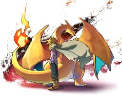 Rule 34 | 1boy, black pants, blue oak, boots, brown footwear, brown hair, cape, charizard, commentary request, creatures (company), fire, flame-tipped tail, floating cape, game freak, gen 1 pokemon, grey cape, hand in pocket, jako (boke poke), male focus, nintendo, pants, pokemon, pokemon (creature), pokemon adventures, purple shirt, shirt, short hair, spiked hair, standing, white background
