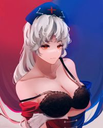 Rule 34 | 1girl, absurdres, arm under breasts, bare shoulders, black bra, bra, breasts, brown eyes, cleavage, gloves, highres, large breasts, lingerie, long hair, looking at viewer, off shoulder, resolution mismatch, self-upload, solo, source smaller, touhou, underwear, white gloves, yagokoro eirin, yuhel
