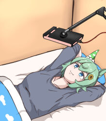 Rule 34 | 1girl, alternate costume, animal ears, arms up, blue eyes, breasts, cellphone, closed mouth, cloud print, commentary request, ear covers, green hair, grey sweater, hair between eyes, hair ornament, hairclip, highres, horse ears, horse girl, indoors, lying, miya nns35, on back, on bed, phone, seiun sky (umamusume), single ear cover, small breasts, smartphone, smile, solo, sweater, umamusume, wall