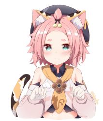 Rule 34 | 1girl, animal ear fluff, animal ears, blush, cat ears, cat girl, child, detached sleeves, diona (genshin impact), genshin impact, green eyes, looking at viewer, pink hair, short hair, simple background, solo, tutsucha illust, twitter username, upper body, white background