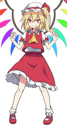 Rule 34 | 1girl, ascot, blonde hair, blush, closed mouth, collared shirt, crystal, e.o., fang, flandre scarlet, full body, hair between eyes, hat, highres, long hair, mob cap, one side up, red eyes, red footwear, red skirt, red vest, shirt, shoes, short sleeves, simple background, skirt, smile, socks, solo, touhou, vest, white background, white hat, white shirt, white socks, wings, yellow ascot