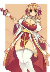 Rule 34 | 1girl, arch bishop (ragnarok online), blonde hair, bow, breasts, cleavage, cleavage cutout, clothing cutout, cross, hair bow, large breasts, mil (xration), pelvic curtain, ragnarok online, ribbon, scepter, smile, solo, thick thighs, thighhighs, thighs, white thighhighs, wide hips
