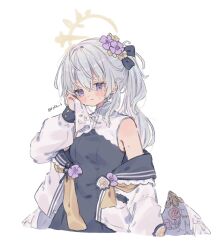 Rule 34 | 1girl, angel wings, azusa (blue archive), black dress, blue archive, blush, breasts, closed mouth, dress, feathered wings, flower, grey hair, hair between eyes, hair flower, hair ornament, halo, highres, jacket, long hair, open clothes, open jacket, purple eyes, purple flower, roku 6, simple background, sleeveless, sleeveless dress, small breasts, solo, twitter username, white background, white jacket, white wings, wings, yellow halo
