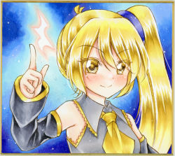 Rule 34 | 1girl, akita neru, arm up, bare shoulders, blonde hair, blush, commentary request, detached sleeves, graphite (medium), grey shirt, hair between eyes, highres, looking at viewer, marker (medium), neckerchief, nekofish666, pointing, pointing up, portrait, quarter rest, shirt, side ponytail, sidelocks, sleeveless, sleeveless shirt, smile, solo, swept bangs, traditional media, vocaloid, yellow eyes, yellow neckerchief