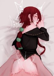 Rule 34 | 2boys, anal, androgynous, bare shoulders, black dress, blush, chons12324, commentary, crimson (ragna crimson), cum, cum in ass, dress, earrings, green eyes, hands on another&#039;s hips, heart, highres, jewelry, lips, long hair, long sleeves, looking at viewer, looking back, male penetrated, motion lines, multiple boys, on bed, open mouth, pink nails, ponytail, ragna (ragna crimson), ragna crimson, red hair, sex, single earring, sweat, symbol-only commentary, tongue, tongue out, trap, very long hair, yaoi