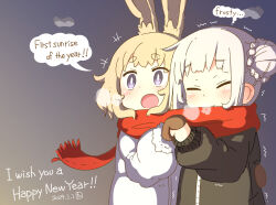 Rule 34 | 2girls, blonde hair, blue background, blush, breath, child, closed eyes, closed mouth, cloud, coat, cold, dated, double bun, english text, gradient background, hair bun, hand on another&#039;s back, happy new year, holding hands, multiple girls, new year, open mouth, original, purple eyes, red scarf, samansa (samansa ex), samansa ex, scarf, shared clothes, shared scarf, short hair, siblings, signature, sisters, speech bubble, sunrise, tabasa (samansa ex), thought bubble, trembling, white hair, winter, winter uniform, yellow background