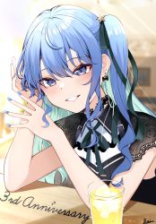 Rule 34 | 1girl, anniversary, black choker, blue eyes, blue hair, blue nails, bow, bow earrings, choker, commentary request, drink, earrings, fingernails, glass, green ribbon, grin, hair between eyes, hair ornament, hat, highres, hololive, hoshimachi suisei, hoshimachi suisei (streetwear), ice, ice cube, indoors, jewelry, lace-trimmed sleeves, lace trim, long hair, looking at viewer, nail polish, neck ribbon, rei (rei 9146), ribbon, see-through, see-through sleeves, short sidetail, short sleeves, side ponytail, smile, solo, star (symbol), star hair ornament, virtual youtuber