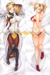 Rule 34 | 1girl, absurdres, alternate costume, armor, artist request, ass, back, bikini, blonde hair, blue eyes, bodysuit, breasts, covered erect nipples, dakimakura (medium), eyes visible through hair, faulds, fingernails, from above, from behind, full body, greaves, hair intakes, halo, high heels, highres, long fingernails, looking at viewer, looking back, lying, mechanical halo, mechanical wings, mercy (overwatch), multiple views, on stomach, open mouth, overwatch, overwatch 1, panties, panty pull, pantyhose, parted bangs, parted lips, pelvic curtain, red panties, skin tight, swimsuit, underwear, wings