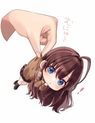 Rule 34 | !, 1girl, 1other, absurdres, ahoge, arms up, beige sweater, black legwear, black skirt, blue eyes, blush, brown footwear, brown hair, chibi, hands up, highres, ichinose shiki, idolmaster, idolmaster cinderella girls, kudou (sikisiki0000), lifting person, long hair, long sleeves, looking at viewer, miniskirt, open mouth, picking up, pleated skirt, pov, pov hands, shoes, simple background, skirt, sweater, v arms, white background