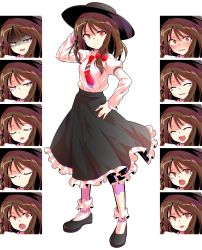 Rule 34 | &gt;:), 1girl, :o, alphes (style), arm up, asymmetrical hair, black footwear, black hat, black skirt, blush, bobby socks, bow, brown eyes, brown hair, closed mouth, collared shirt, crying, crying with eyes open, dairi, evil smile, expressions, fedora, frilled skirt, frills, full-face blush, full body, grey background, hair bow, half-closed eyes, hand in own hair, hand on own hip, hat, long skirt, long sleeves, looking at viewer, multiple views, necktie, parody, red bow, red necktie, shaded face, shirt, shoes, short hair, skirt, sleeve cuffs, smile, socks, standing, style parody, sweatdrop, teardrop, tears, touhou, transparent background, usami renko, v-shaped eyebrows, white legwear, white shirt, wince