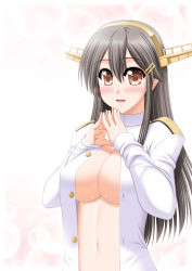 Rule 34 | 10s, 1girl, alternate costume, black hair, blouse, blush, breasts, brown eyes, cleavage, commentary request, female focus, gradient background, hair between eyes, hair ornament, hairband, hairclip, haruna (kancolle), headgear, kantai collection, kiryuu makoto, large breasts, long hair, long sleeves, looking at viewer, military, military uniform, navel, no bra, open clothes, parted bangs, pink background, shirt, solo, standing, steepled fingers, uniform, upper body, white background, white shirt