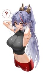Rule 34 | 1girl, ?, akafuyu (arknights), arknights, arms behind head, breasts, crop top, cropped, high ponytail, highres, horn/wood, large breasts, long hair, midriff, multicolored hair, pants, ponytail, purple hair, red hair, red pants, sleeveless, solo, spoken question mark, steaming body, streaked hair, yellow eyes