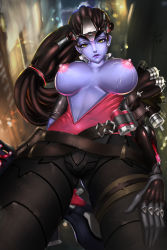 Rule 34 | 1girl, absurdres, akiak1, alley, alternate hairstyle, belt, blurry, bodysuit, breasts, breasts out, building, center opening, colored skin, cowboy shot, crotch, depth of field, dreadlocks, explosive, from below, gloves, grenade, gun, hand on thigh, head-mounted display, highres, lactation, large breasts, lips, lipstick, long hair, looking at viewer, looking down, makeup, nipples, noire widowmaker, official alternate costume, overwatch, overwatch 1, ponytail, puffy nipples, purple hair, purple lips, purple skin, rifle, sniper rifle, solo, thigh strap, very long hair, visor, weapon, widowmaker (overwatch), yellow eyes