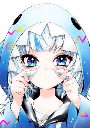 Rule 34 | 1girl, animal hood, blue eyes, blue hair, blush, closed mouth, dot nose, gawr gura, hands up, highres, holding, holding own hair, hololive, hololive english, hood, hood up, hoodie, long hair, long sleeves, looking at viewer, multicolored hair, nez n, portrait, ringed eyes, shark hood, simple background, solo, streaked hair, tsurime, virtual youtuber, white background, white hair, wide sleeves