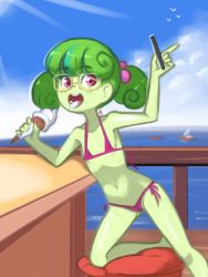 Rule 34 | 1girl, animal, bikini, bird, blush, boat, character request, cloud, collarbone, colored skin, drantyno, eating, flat chest, food, freckles, glasses, green hair, green skin, hair bobbles, hair ornament, hasbro, highres, holding, ice cream, ice cream cone, long hair, looking at viewer, my little pony, my little pony: equestria girls, my little pony: friendship is magic, navel, ocean, open mouth, panties, pink bikini, pink eyes, sailboat, side-tie panties, sky, standing, stella sprinkles, stool, swimsuit, teeth, twintails, underwear, water, watercraft