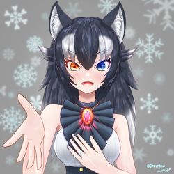 Rule 34 | 1girl, animal ears, black hair, blue eyes, blush, breasts, brooch, fang, grey wolf (kemono friends), heart, heart-shaped pupils, heterochromia, highres, jewelry, kemono friends, kemono friends 3, looking at viewer, medium breasts, multicolored hair, nijiiro (graynbow wolf), open mouth, orange eyes, ring, snow, snowflakes, solo, symbol-shaped pupils, two-tone hair, upper body, white hair, wolf ears, wolf girl