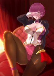 Rule 34 | 1girl, alternate costume, black jacket, blush, breasts, brown pantyhose, cleavage, commission, covering own eyes, cropped jacket, fate/grand order, fate (series), hair over one eye, highleg, highleg leotard, jacket, juliet sleeves, knee up, large breasts, leotard, light purple hair, long sleeves, mash kyrielight, midori aoi, pantyhose, parted lips, puffy sleeves, purple leotard, short hair, shrug (clothing), sitting, skeb commission, solo, sweat, thighs, white leotard
