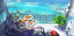 Rule 34 | 1girl, arm rest, arm tattoo, armlet, balcony, bare shoulders, barefoot, bikini, bird, boat, bottle, braid, coral reef, crown braid, cup, curtains, day, drinking glass, earrings, facing away, fingernails, food, fork, hand tattoo, highres, holding, holding cup, jewelry, knee up, long hair, looking afar, maddoze, nail polish, ocean, original, outdoors, outstretched leg, plate, scenery, seagull, shoulder tattoo, sidelocks, sitting, swimsuit, tattoo, toenail polish, toenails, toes, very long hair, water, watercraft, wine glass, yellow nails