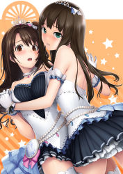 Rule 34 | 10s, 2girls, absurdres, bare shoulders, blush, breast press, breasts, brown eyes, brown hair, dress, female focus, from behind, gloves, green eyes, holding hands, highres, idolmaster, idolmaster cinderella girls, idolmaster cinderella girls starlight stage, interlocked fingers, jewelry, leg between thighs, long hair, looking at viewer, looking back, medium breasts, multiple girls, no bra, one side up, open mouth, parted lips, pocket watch, shibuya rin, shimamura uzuki, side ponytail, starry sky bright, tanaka shoutarou, thighhighs, tiara, watch, white gloves, white legwear, yuri