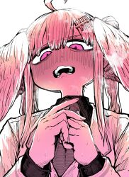 Rule 34 | 1girl, ahoge, angel, angel wings, aohada bocchi, black shirt, commentary, english commentary, head wings, heavy breathing, highres, jacket, lian (aohada bocchi), limited palette, necktie, nervous, open mouth, own hands together, pink eyes, pink hair, pink theme, shirt, sidelocks, twintails, upper body, white background, white jacket, wings, zyugoya