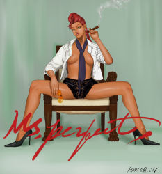 Rule 34 | 1girl, artist request, between breasts, breasts, capcom, chair, cigar, crimson viper, earrings, high heels, jewelry, lingerie, necktie, necktie between breasts, no bra, open clothes, open shirt, panties, pompadour, red hair, shirt, shoes, sleeves rolled up, smoking, solo, spread legs, street fighter, street fighter iv (series), sunglasses, underwear