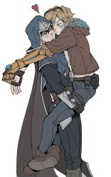 Rule 34 | 2boys, belt, black pants, blush, brown belt, brown cape, brown footwear, brown gloves, brown jacket, cape, carrying, carrying person, closed mouth, ezreal, fingerless gloves, from side, fur-trimmed jacket, fur trim, gauntlets, gloves, heart, highres, hood, hood up, jacket, kkuppegi, league of legends, long sleeves, looking at another, male focus, multiple boys, open clothes, open jacket, pants, shoes, simple background, single gauntlet, smile, talon (league of legends), white background, yaoi