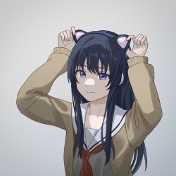 Rule 34 | 1girl, animal ears, arms up, black gloves, black hair, brown cardigan, cardigan, cat ears, closed mouth, collarbone, commentary request, fake animal ears, gloves, grey background, grey shirt, highres, koe no katachi, lcwe, long hair, long sleeves, looking at viewer, neckerchief, open cardigan, open clothes, puffy long sleeves, puffy sleeves, purple eyes, red neckerchief, sailor collar, school uniform, serafuku, shirt, simple background, sleeves past wrists, smile, solo, ueno naoka, upper body, very long hair, white sailor collar